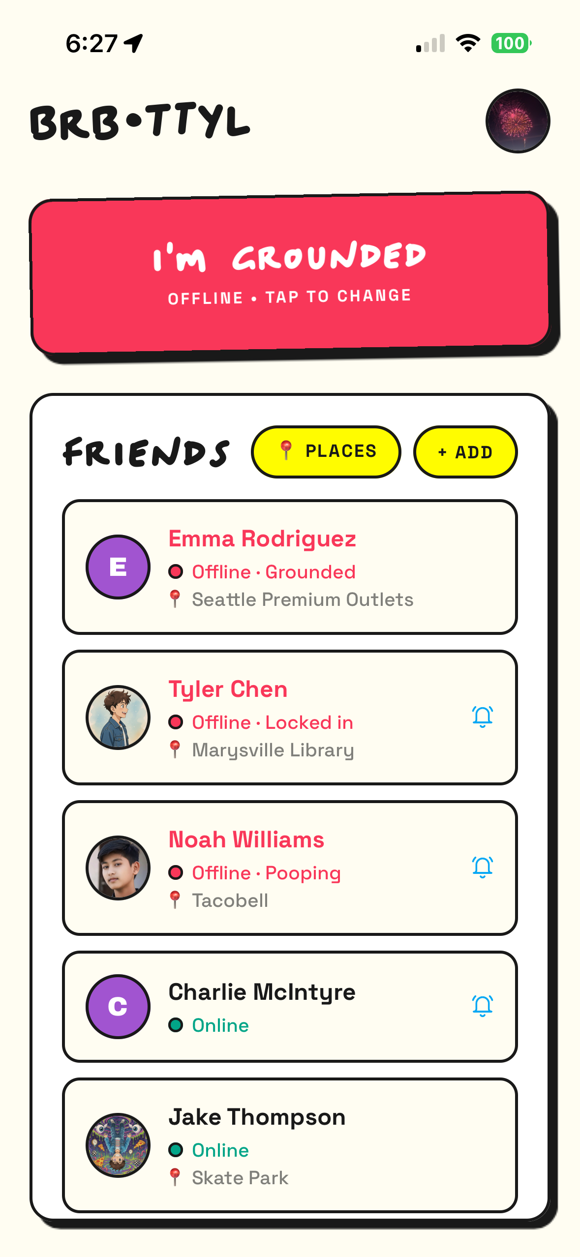 BRB TTYL app showing your friends' live statuses and which spot they're at